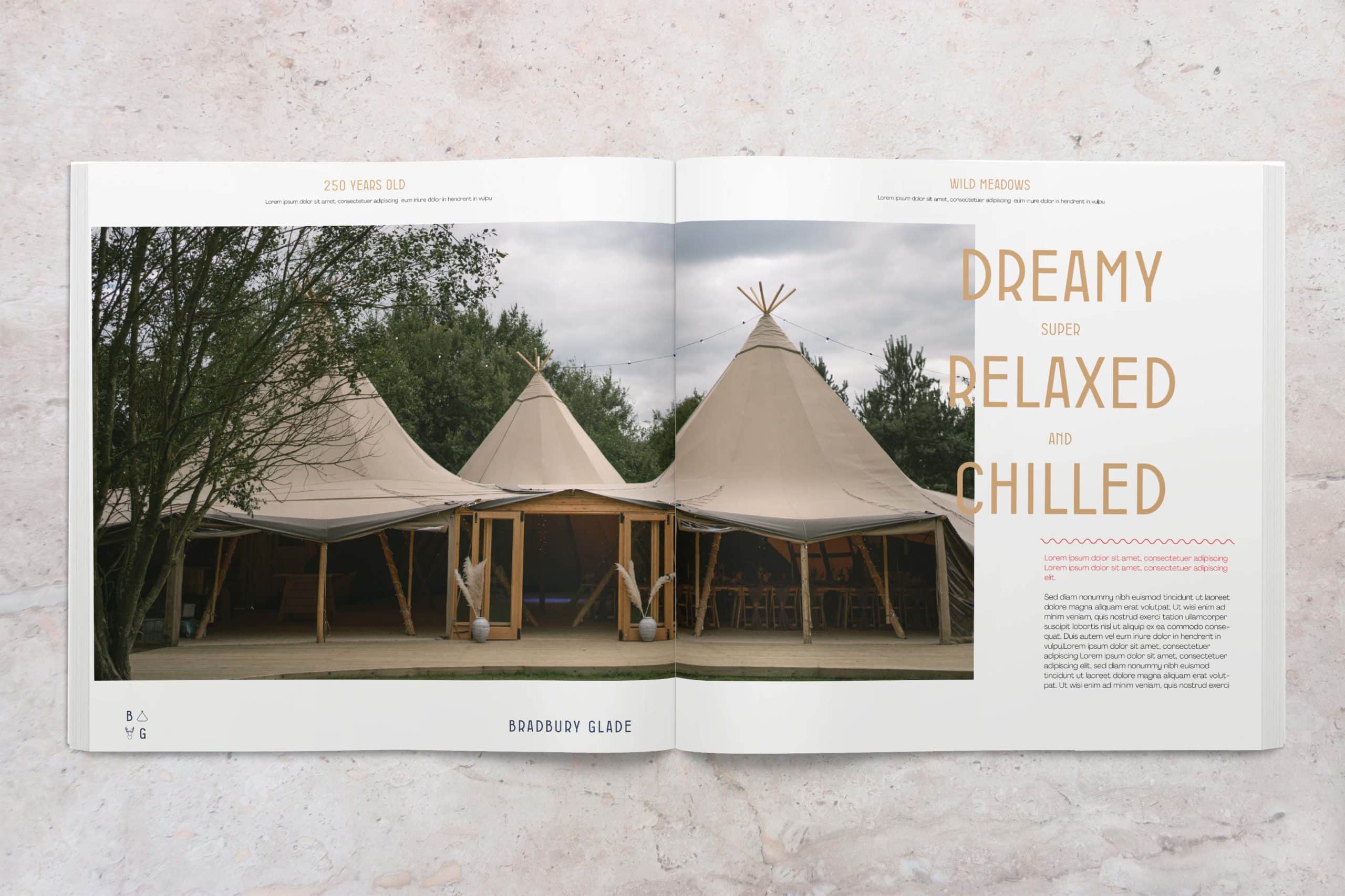 Wonderland Wedding Venues | A magazine spread features an image of two connected large canvas tents in a rustic outdoor setting with trees in the background. The headline reads, "Dreamy, Super Relaxed, and Chilled." Text describes the setting as 250 years old and refers to "Wild Meadows.