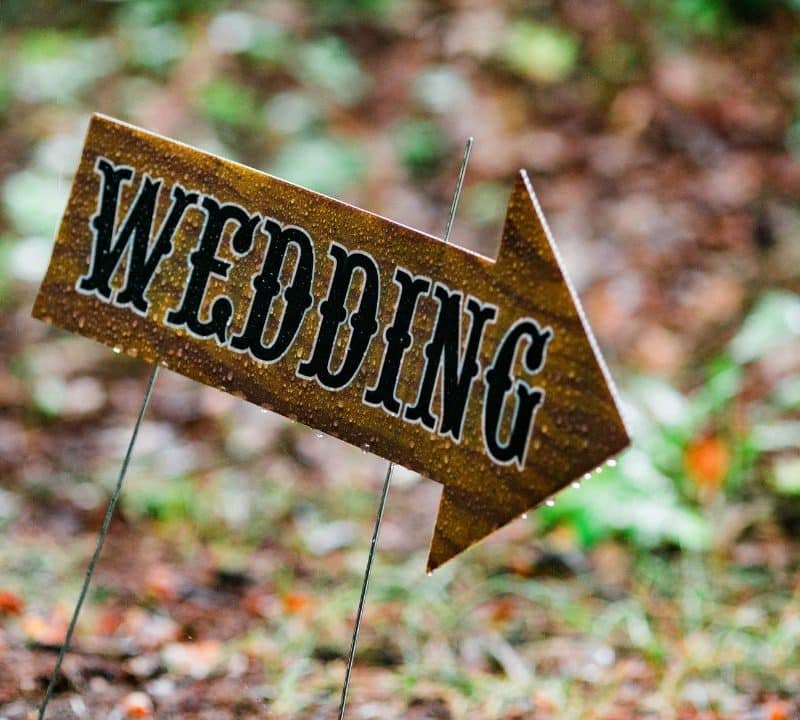 Wonderland Wedding Venues | A rustic wooden sign with the word "WEDDING" and an arrow pointing to the right. The sign is staked into the ground along a path with a forest floor, featuring leaves and pine needles in the background.