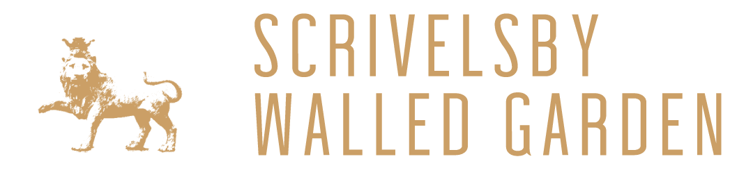 Wonderland Wedding Venues | Logo for Scrivelsby Walled Garden. The design features a gold-colored lion, standing on its hind legs, facing left on a dark green background. To the right of the lion, the text "SCRIVELSBY WALLED GARDEN" is written in capital letters.