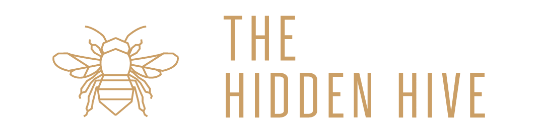 Wonderland Wedding Venues | A minimalist illustration of a bee in a yellow-orange color is positioned to the left of yellow-orange text that reads "The Hidden Hive" against a green background. The bee and text share a sleek, modern design.